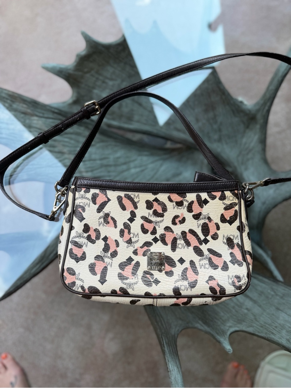 MCM EUC w/ COA Cream Leopard Print Crossbody with Pink and Black Accents